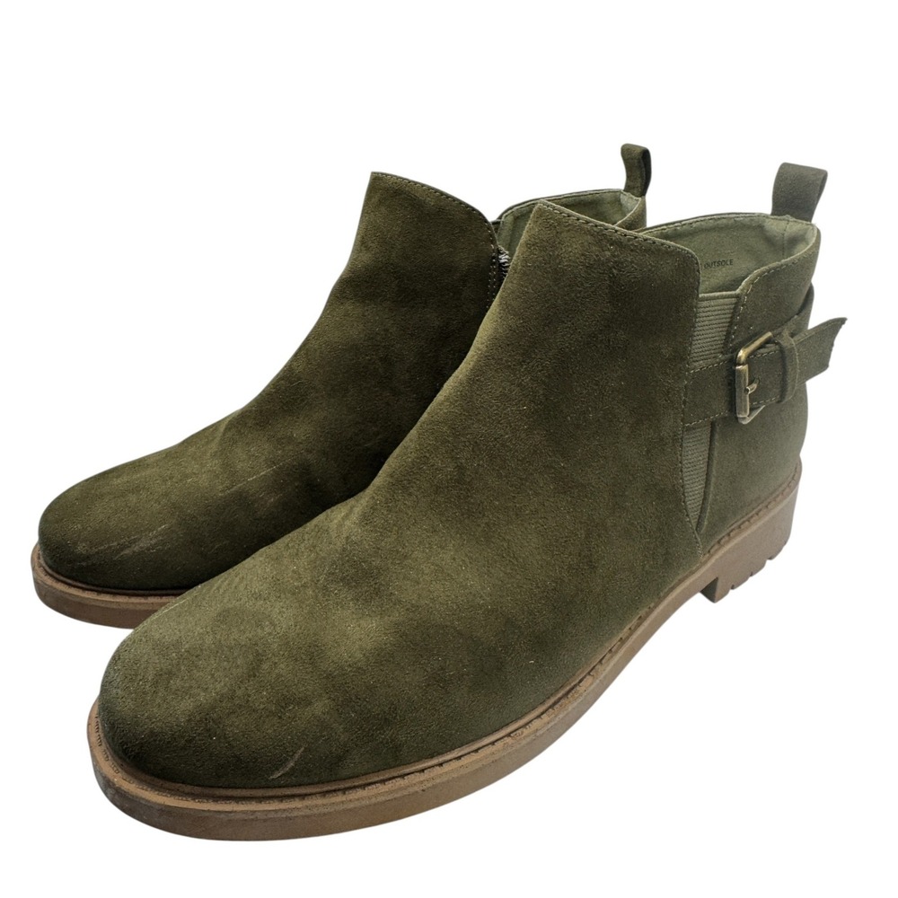 Esprit Sienna Olive Green‎ Faux Suede Ankle Boots 9M Side Zip Buckle womens
